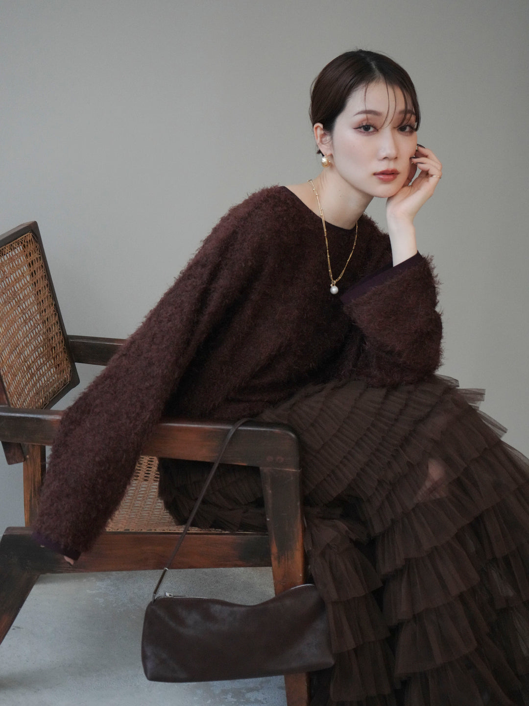 [予約]バイカラー2WAYシャギーニットカーディガン/brown