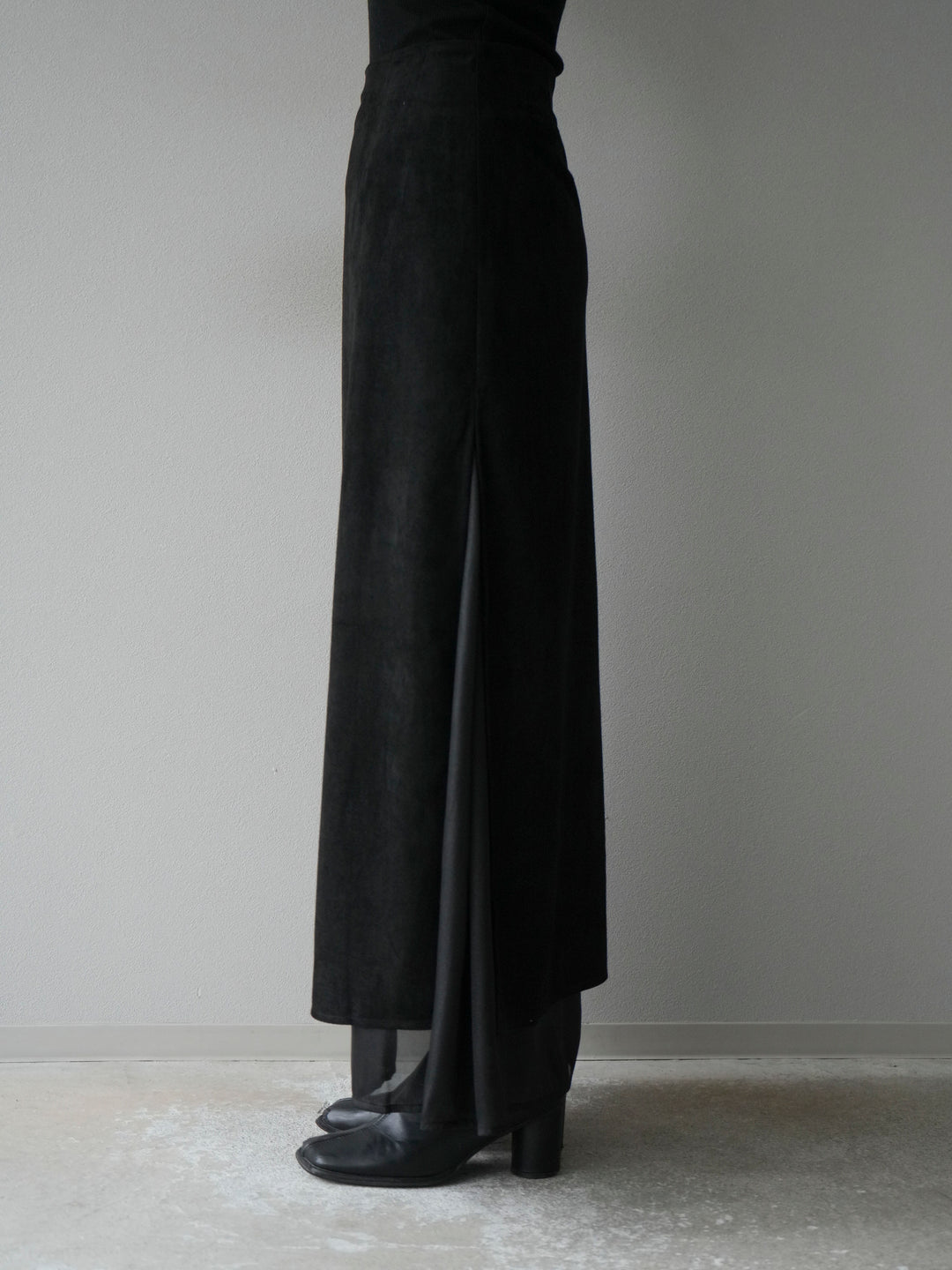 [予約]サイドスリットスウェードドッキングシフォンスカート/ブラック