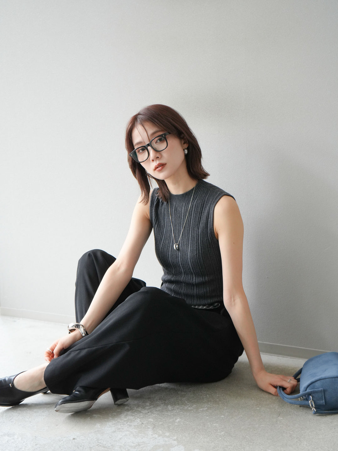 [予約]スリーブレスランダムリブニットトップス/グレー