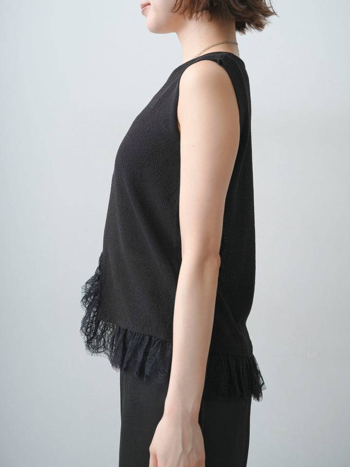 [予約]レースドッキングノースリニットトップス/black