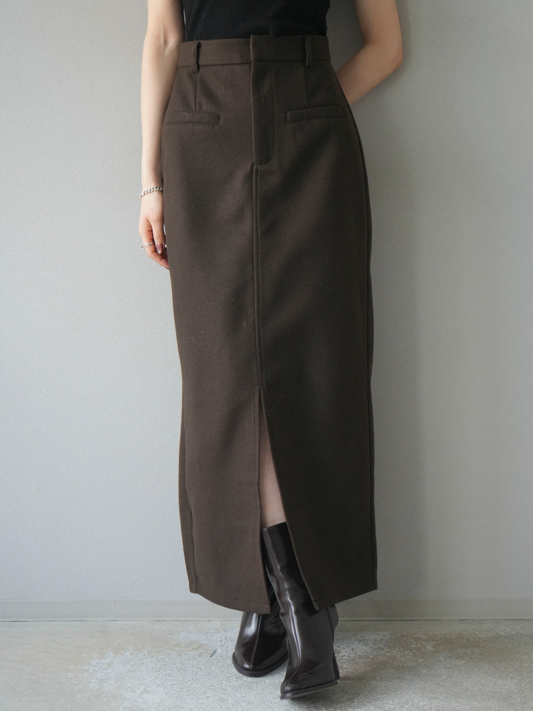 [予約]ウールタッチフロントスリットタイトスカート/brown