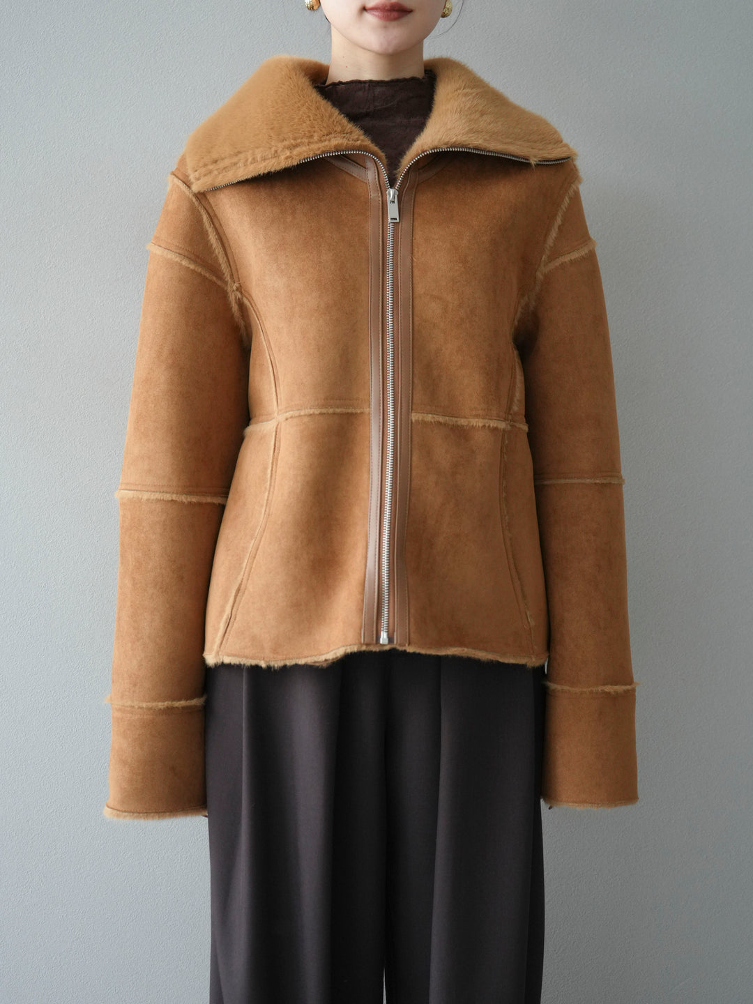 [予約]スタンドカラームートンZIPジャケット/camel