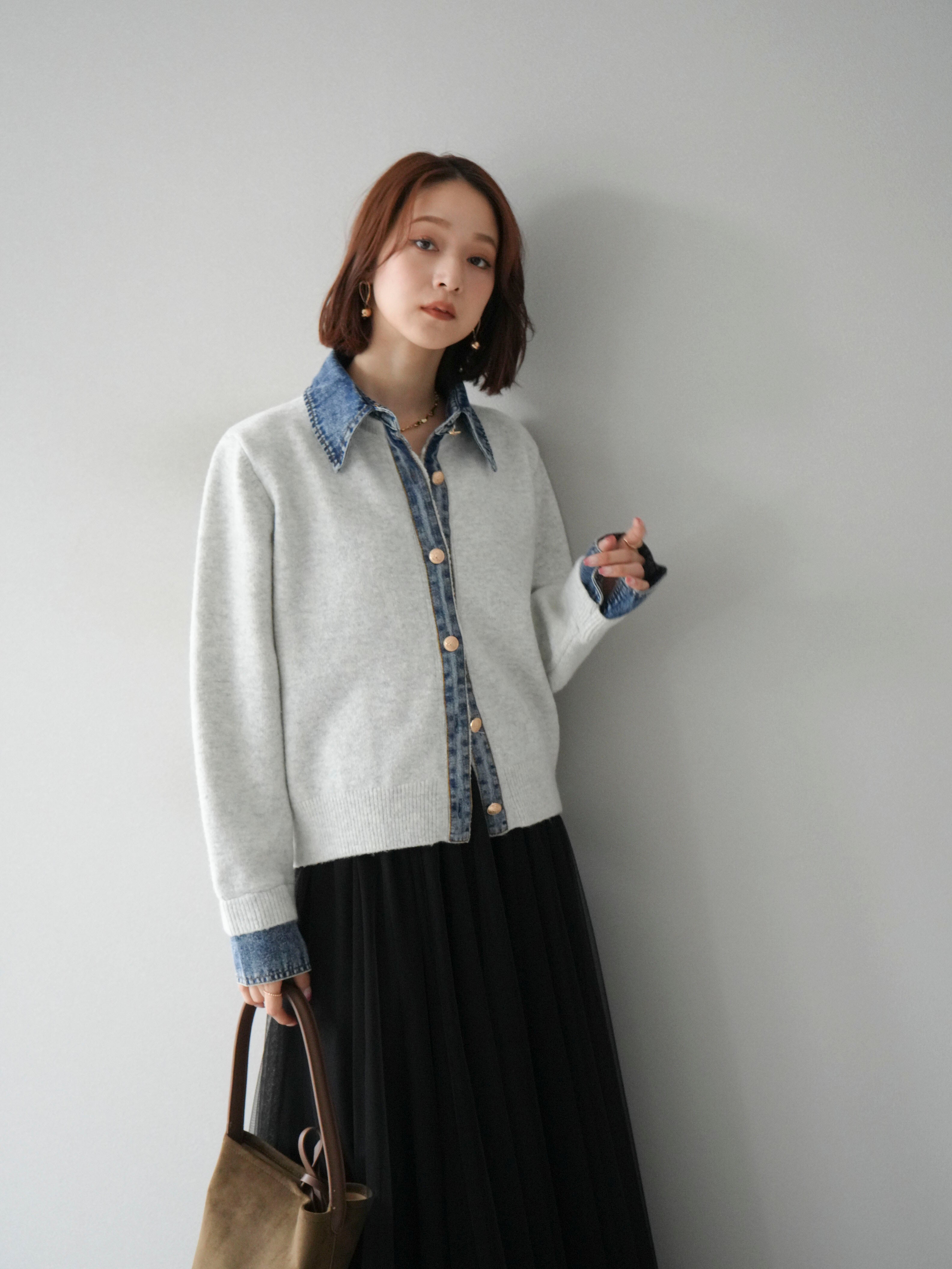 予約]デニム襟ボタンニットカーディガン/オートミール – Lumier