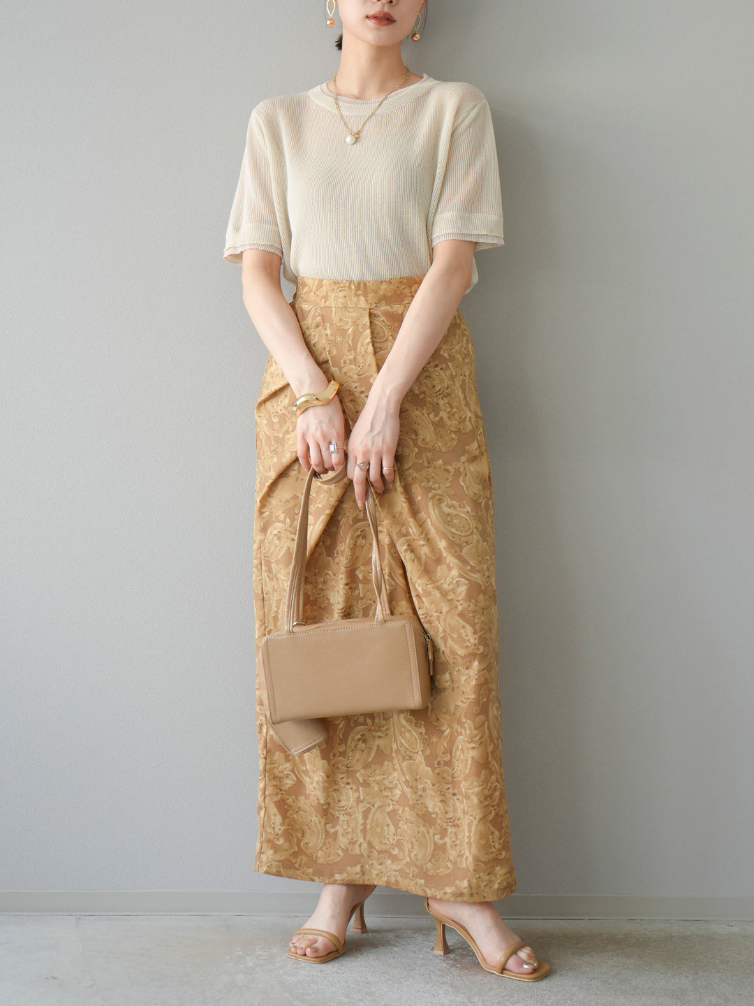 [SET]リネンタッチ配色二重臼ハーフニットトップス+選べるアソート柄スカートセット(2set)