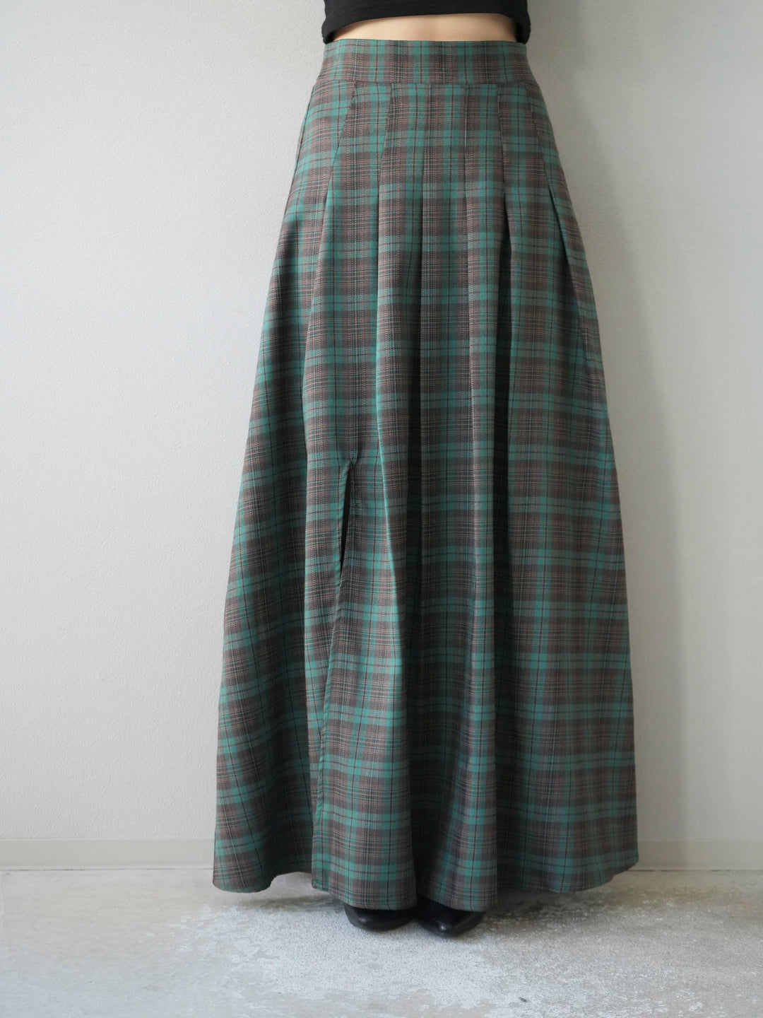 [予約]チェック柄タックフレアスカート/グリーン