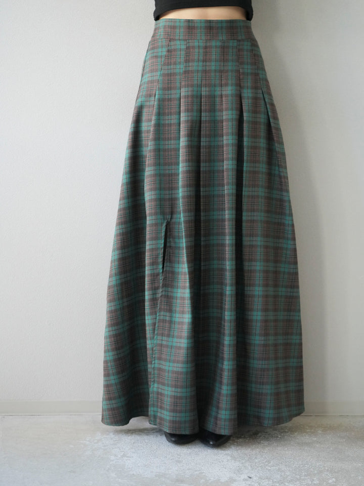 [予約]チェック柄タックフレアスカート/グリーン