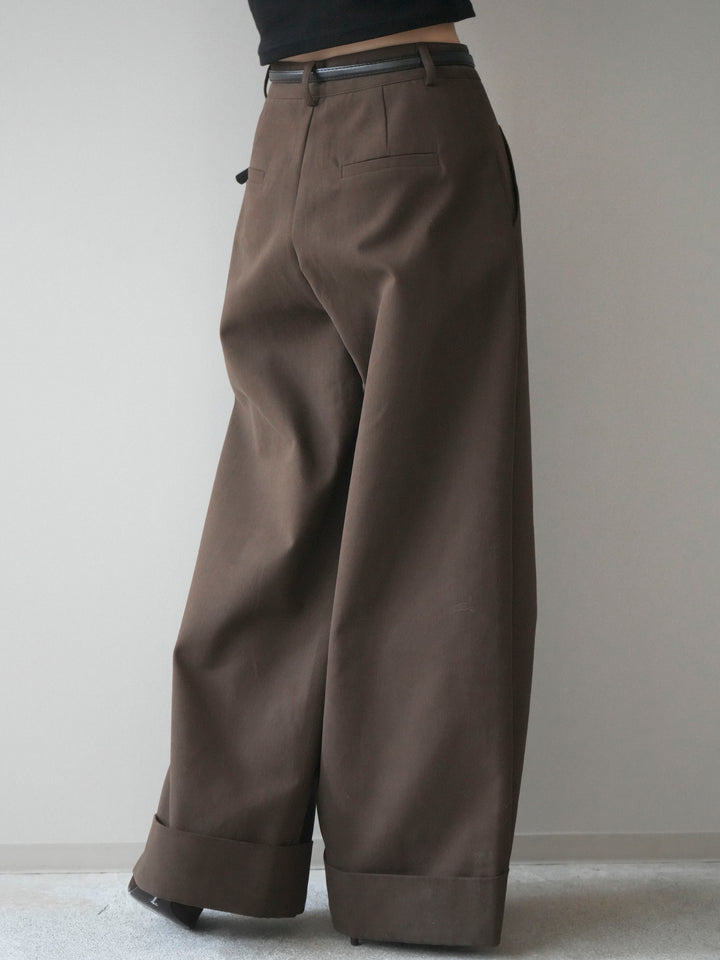[予約]ベルト付き折り返しコットンツイルワイドパンツ/brown