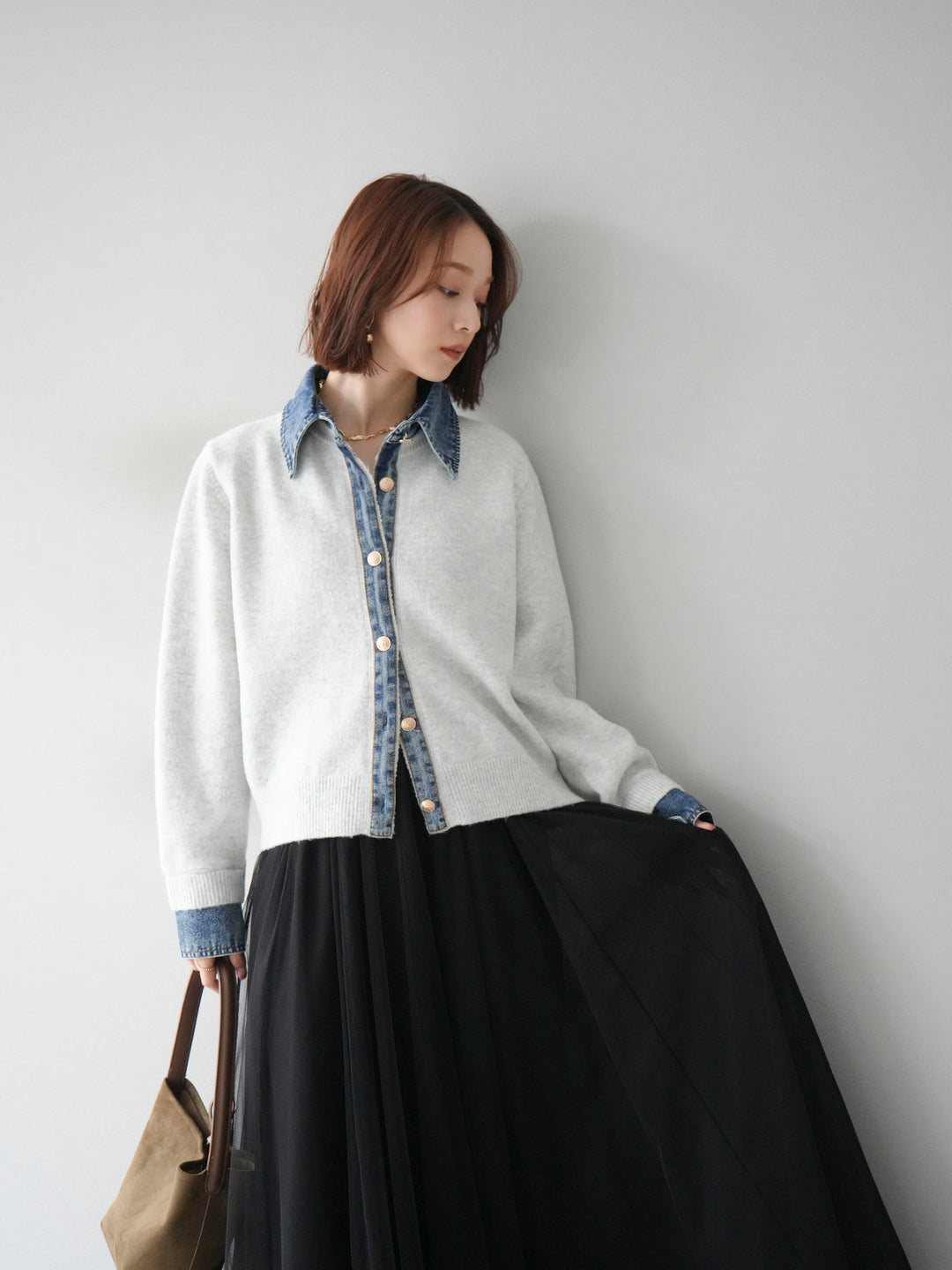 [予約]デニム襟ボタンニットカーディガン/オートミール