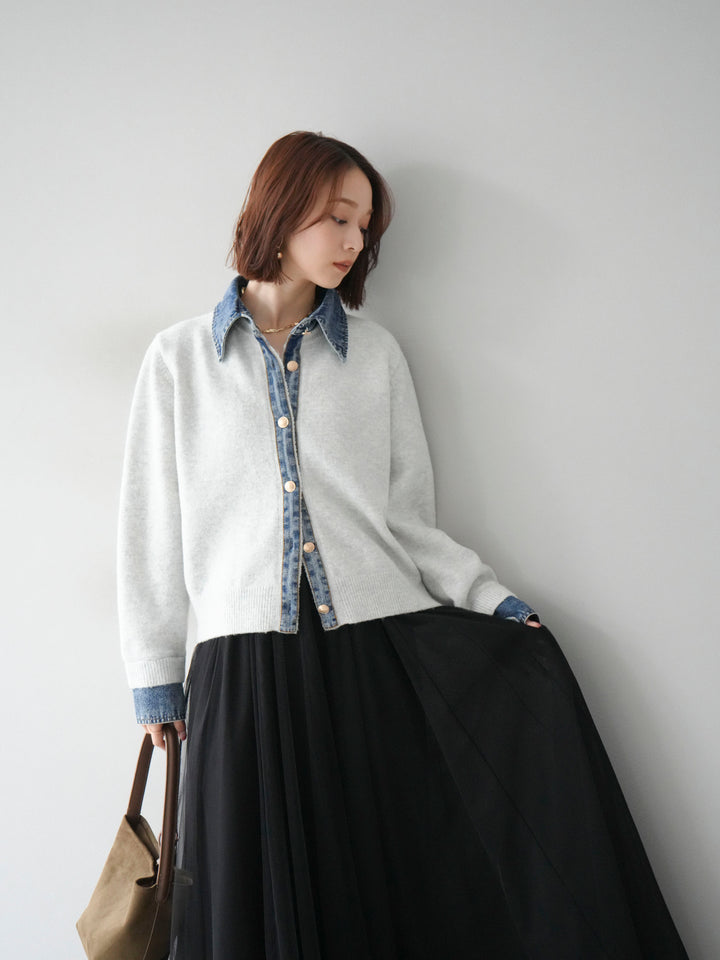 [予約]デニム襟ボタンニットカーディガン/オートミール