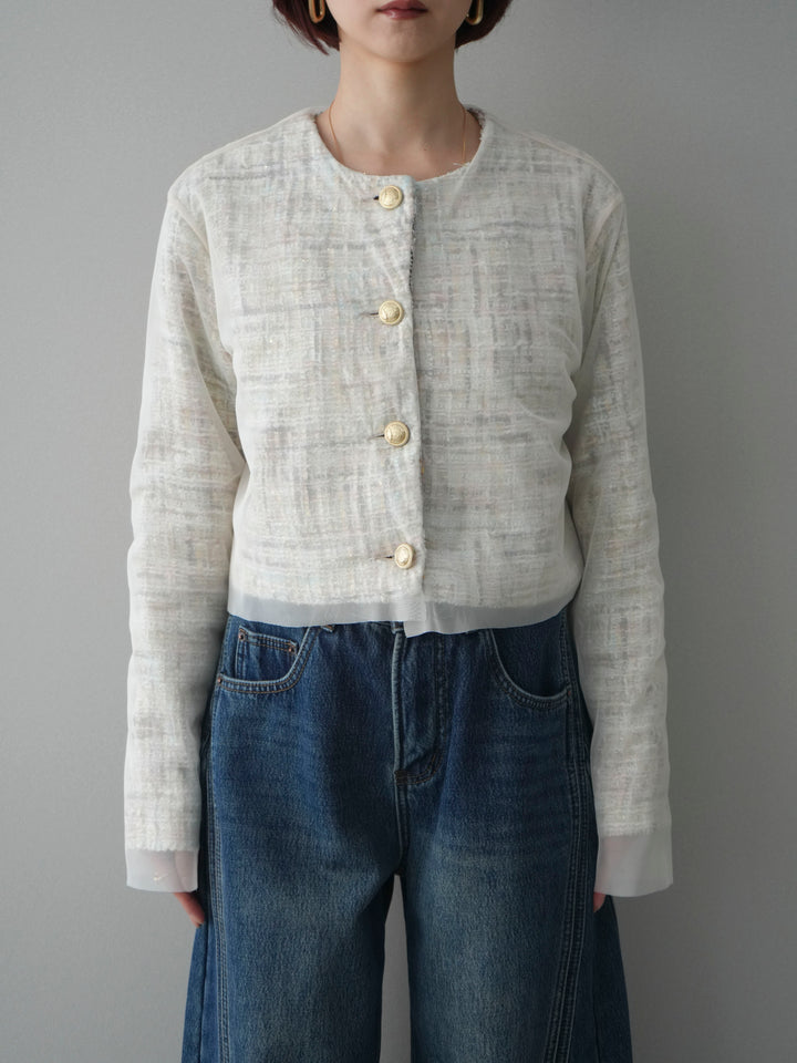 [予約]チュールレイヤードツイードクロップドジャケット/pink