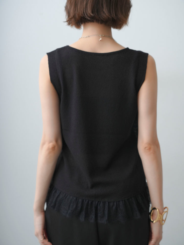 [予約]レースドッキングノースリニットトップス/black