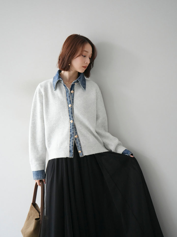 [予約]デニム襟ボタンニットカーディガン/オートミール