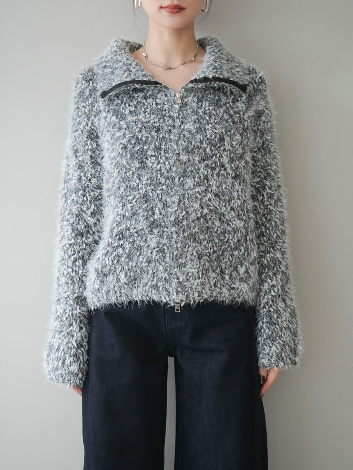 [予約]ミックスシャギージップニットカーディガン/black