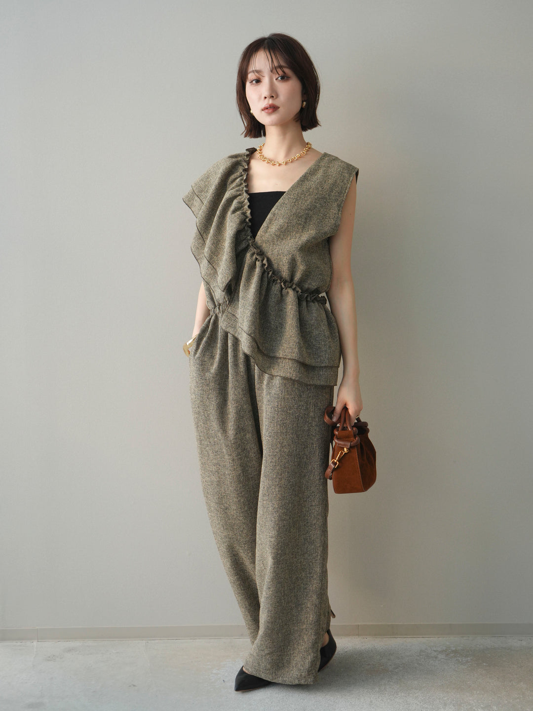 [SET]3WAYミックスツイードギャザーオールインワン+選べるアクセセット(2set)