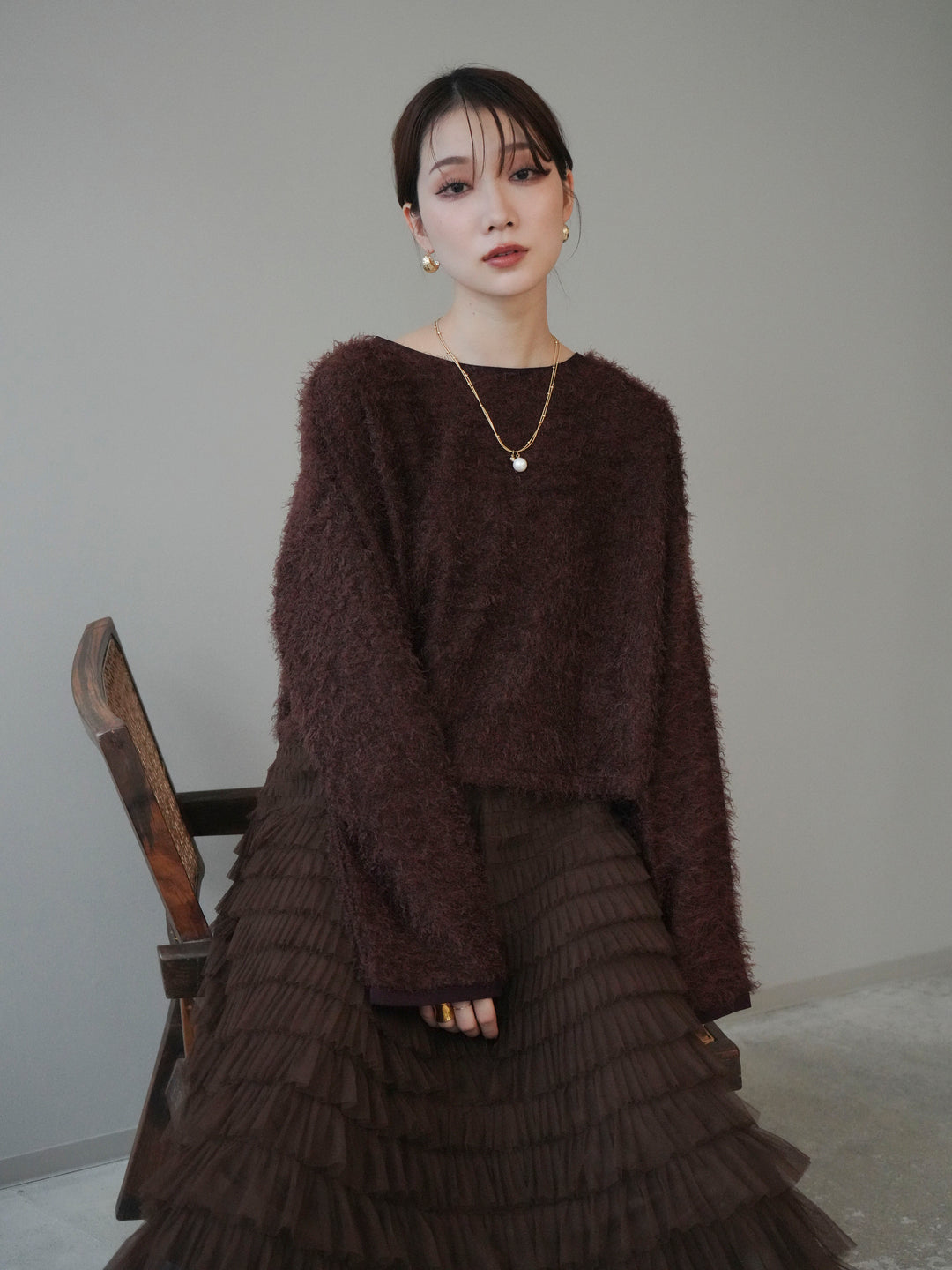 [予約]バイカラー2WAYシャギーニットカーディガン/brown