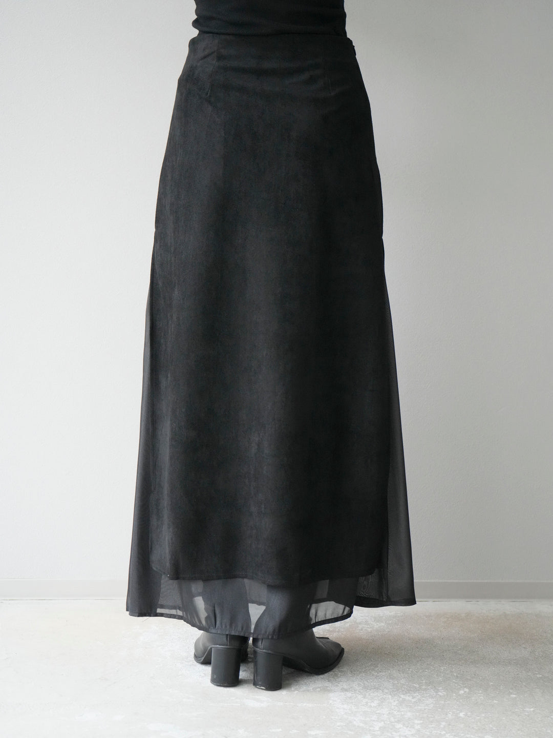 [予約]サイドスリットスウェードドッキングシフォンスカート/ブラック
