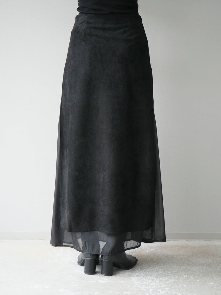 [予約]サイドスリットスウェードドッキングシフォンスカート/ブラック