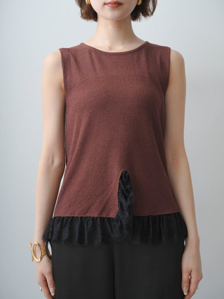 [予約]レースドッキングノースリニットトップス/brown