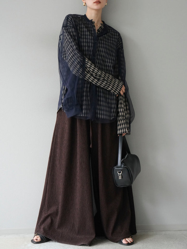 [予約]チェック柄2WAYスリーブバンドカラーシャツ/ベージュブラック