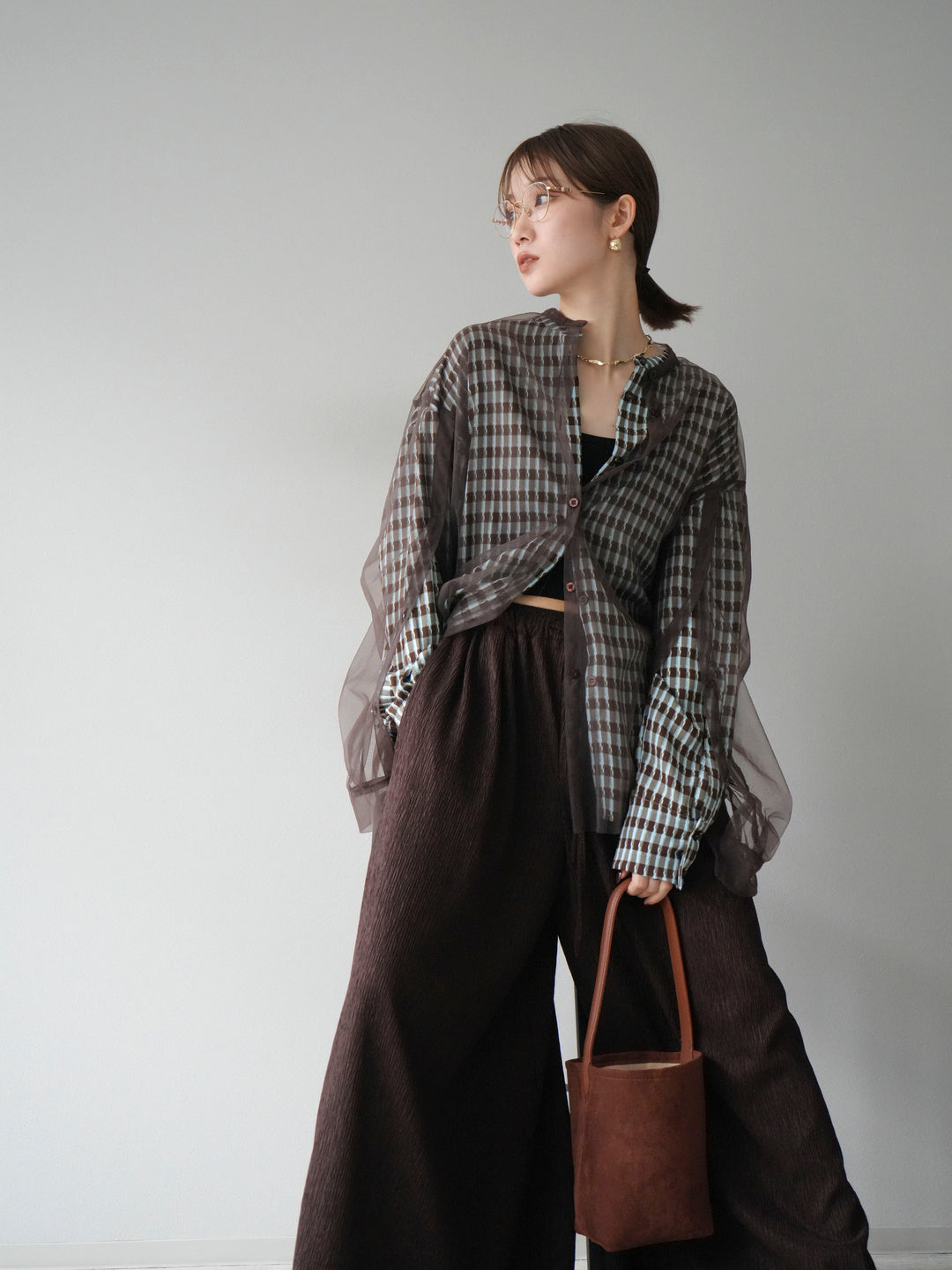 [予約]チェック柄2WAYスリーブバンドカラーシャツ/ブルーブラウン