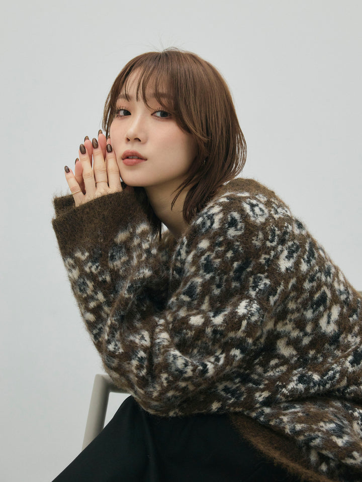 【Allure】[SET]レオパードシャギーニットカーディガン+ウールタッチフレアスカート(2set)