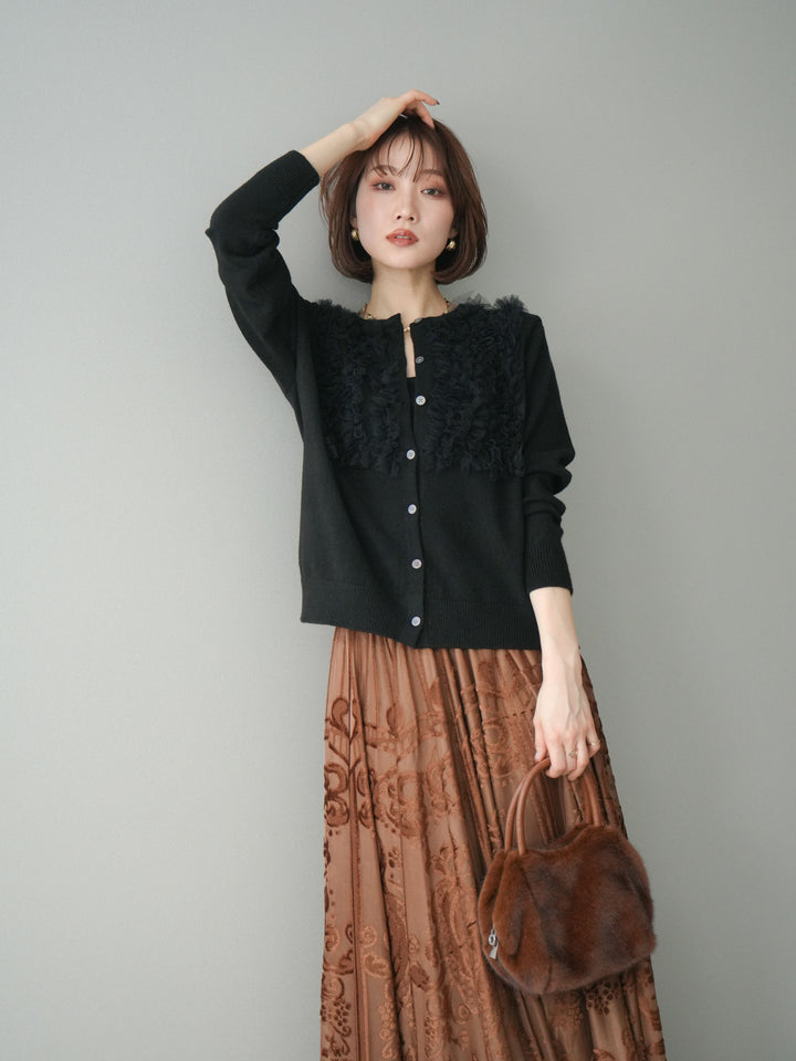 [SET]チュールフリルニットカーディガン+アンティーク柄フロッキーマキシスカート(2set)