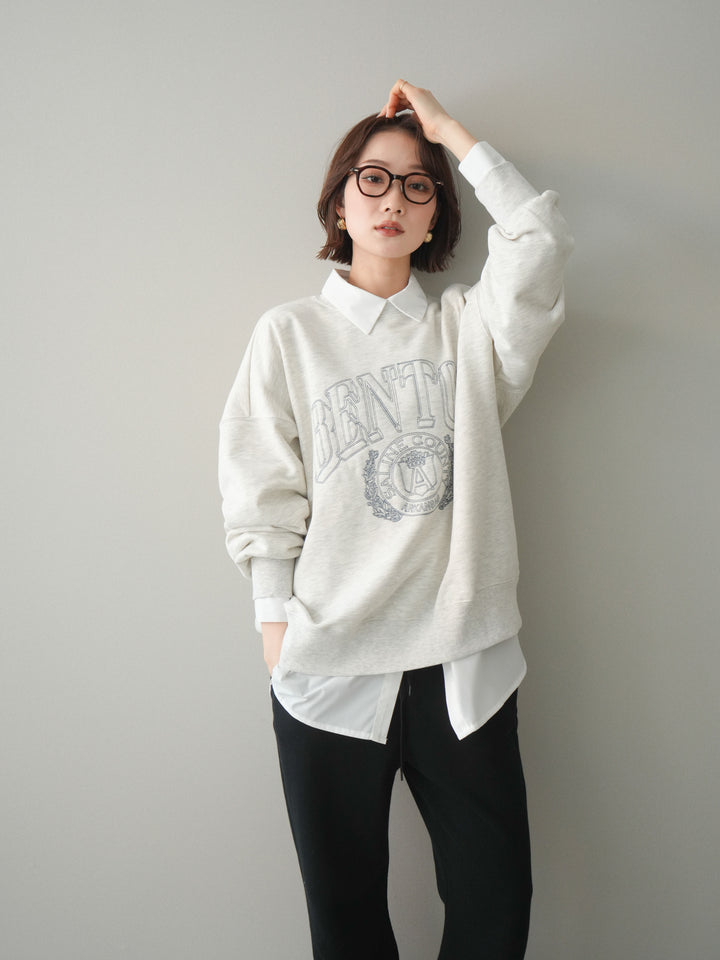[SET]カレッジロゴ刺繍BIGスウェットプルオーバー+ボウタイ付オーバーシャツ(2set)
