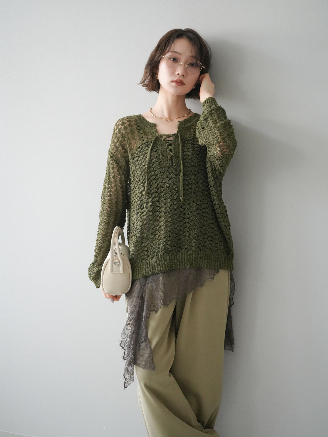 [予約]パネルメッシュニットトップス/khaki
