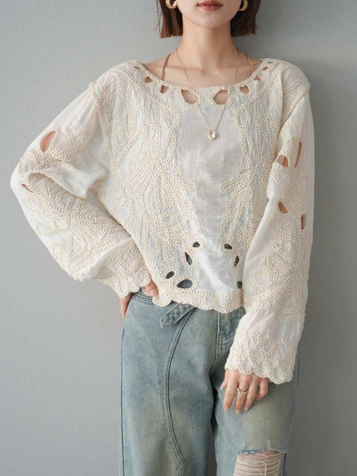 [預訂] 鉤針設計襯衫/象牙色