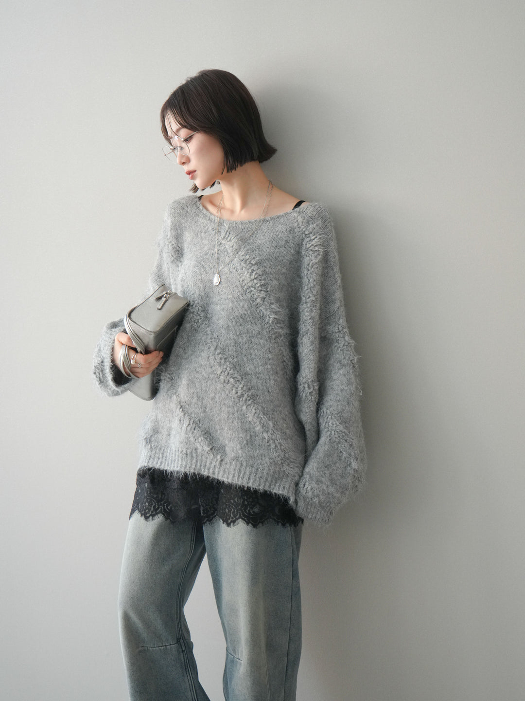 [SET]シャギーデザインニットプルオーバー+選べるアクセセット(2set)