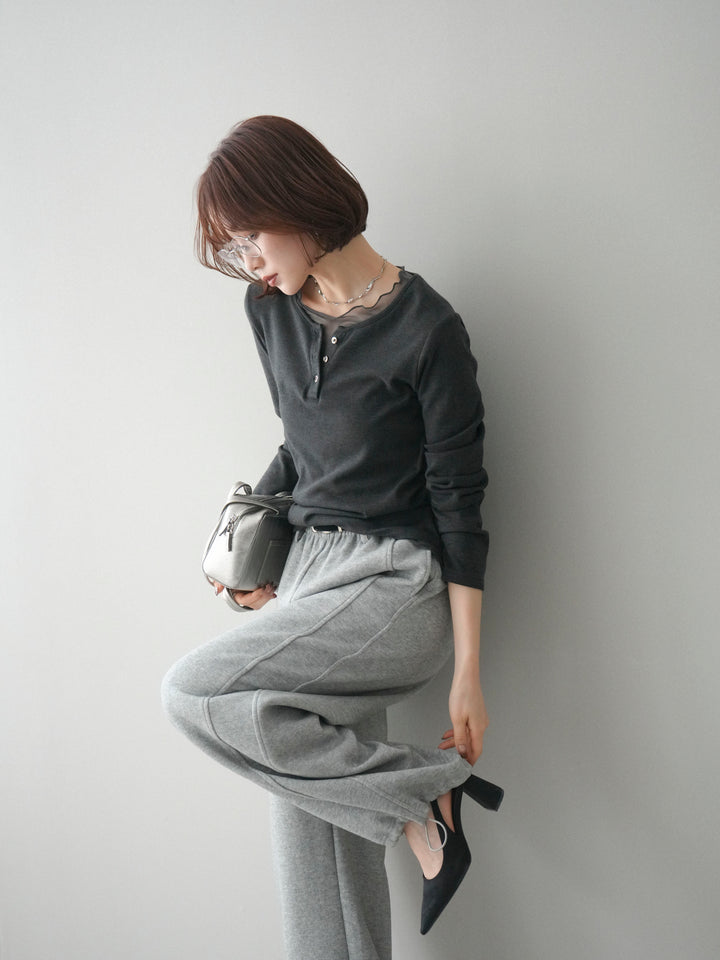 [予約]チュールレイヤードヘンリーネックカットソー/charcoal