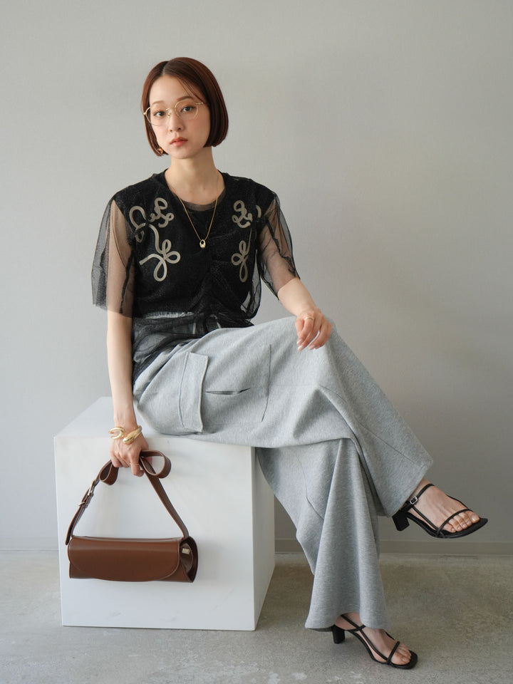 [SET]ラメチュールシャーリングプルオーバー+コード刺繍フレンチスリーブTシャツ+ウエストラインサイドポケットスウェットパンツ(3set)