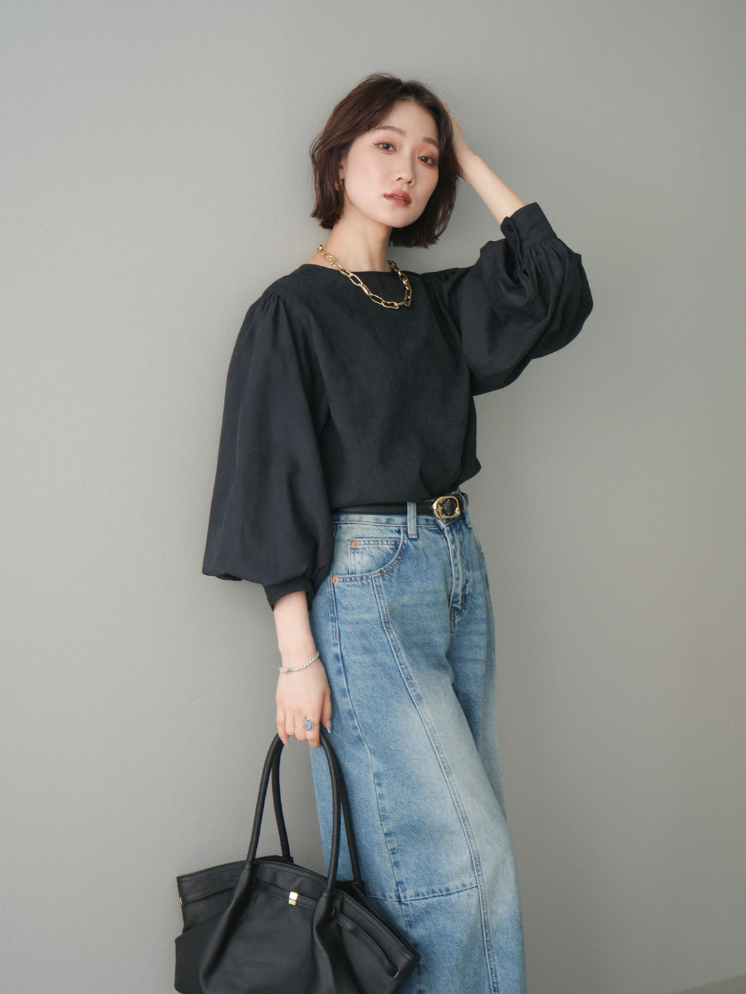 [予約]2WAYピーチスキンボリュームスリーブブラウス/black