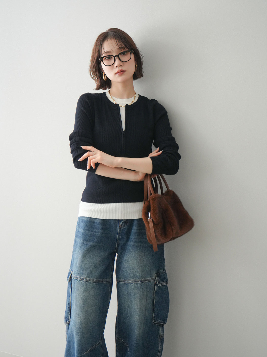 [予約]フロントジップ配色レイヤードニットトップス/navy