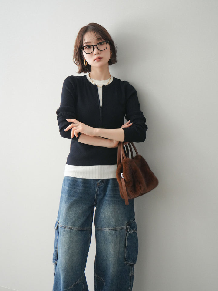 [予約]フロントジップ配色レイヤードニットトップス/navy