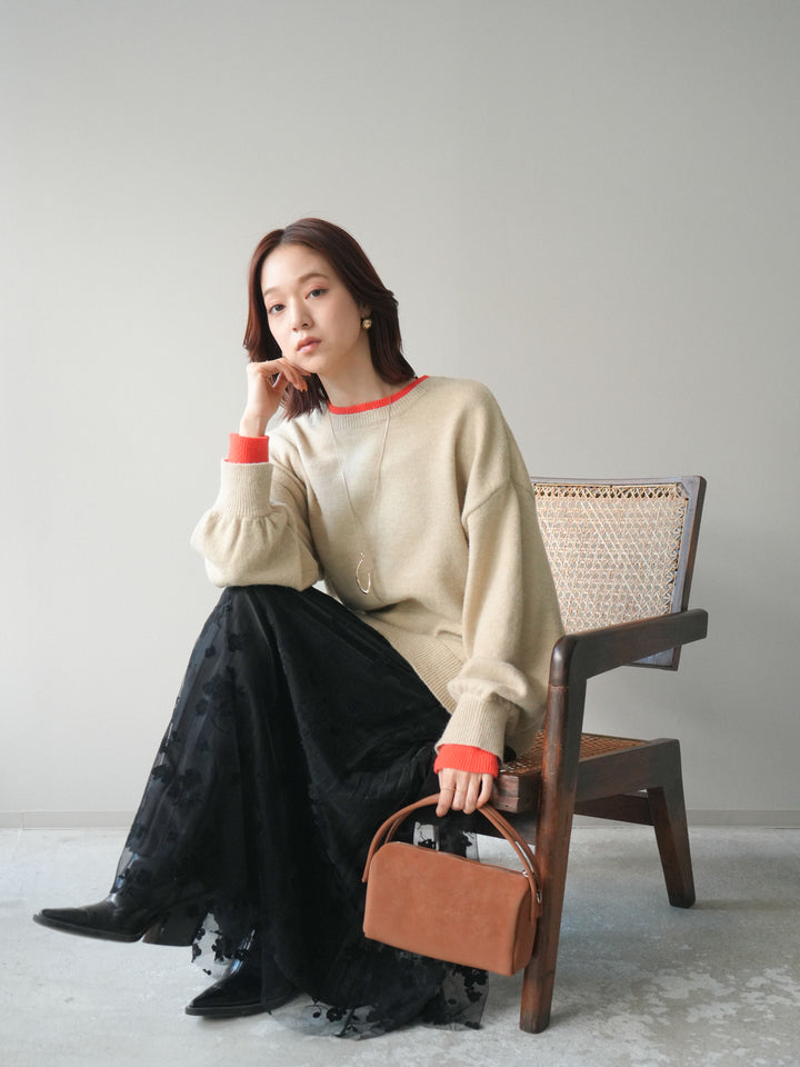 [SET]ヘンリーネック配色レイヤードニットプルオーバー+フラワーフロッキーチュールプリーツスカート(2set)