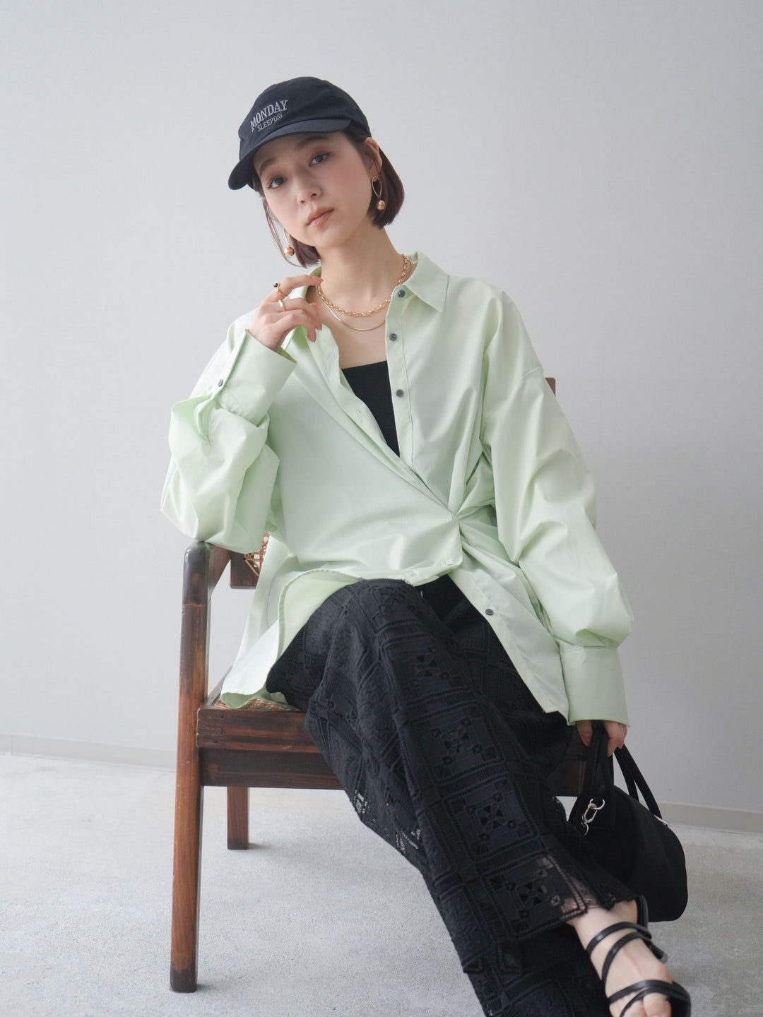 [SET]2wayベーシックルーズシャツ+パネルレースイージーパンツ(2set)