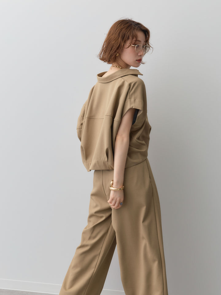 【套裝】縐綢燈籠無袖襯衫 + 縐綢闊腿褲（兩件套）