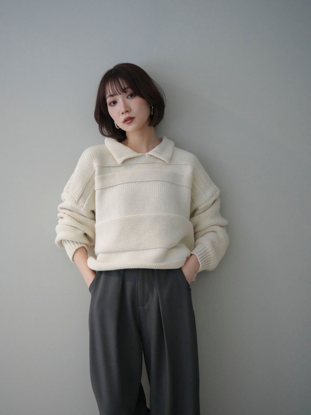 [SET]襟付きボーダー編みニットプルオーバー+ベルトループデザインワイドパンツ(2set)