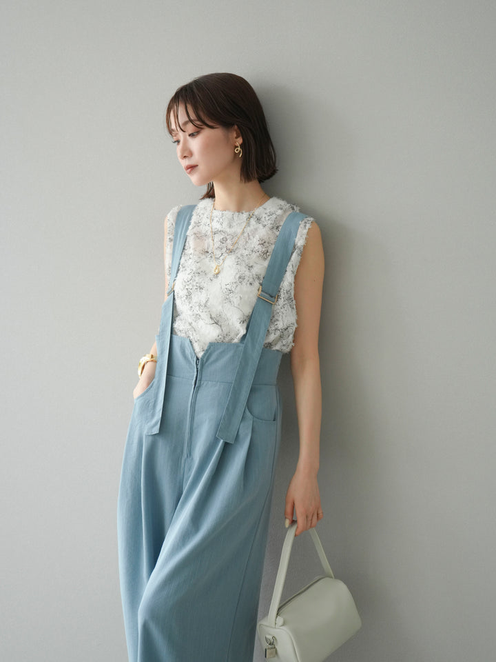 [SET]ストリングデザインハイウエストサロペット+ニュアンスフリンジジャガードノースリーブブラウス(2set)