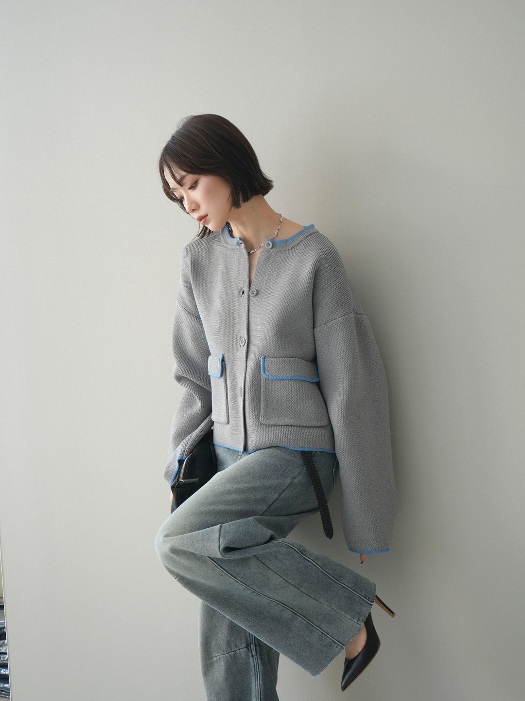 [SET]ポリエステル配色ニットカーディガン+選べるアクセセット(2set)