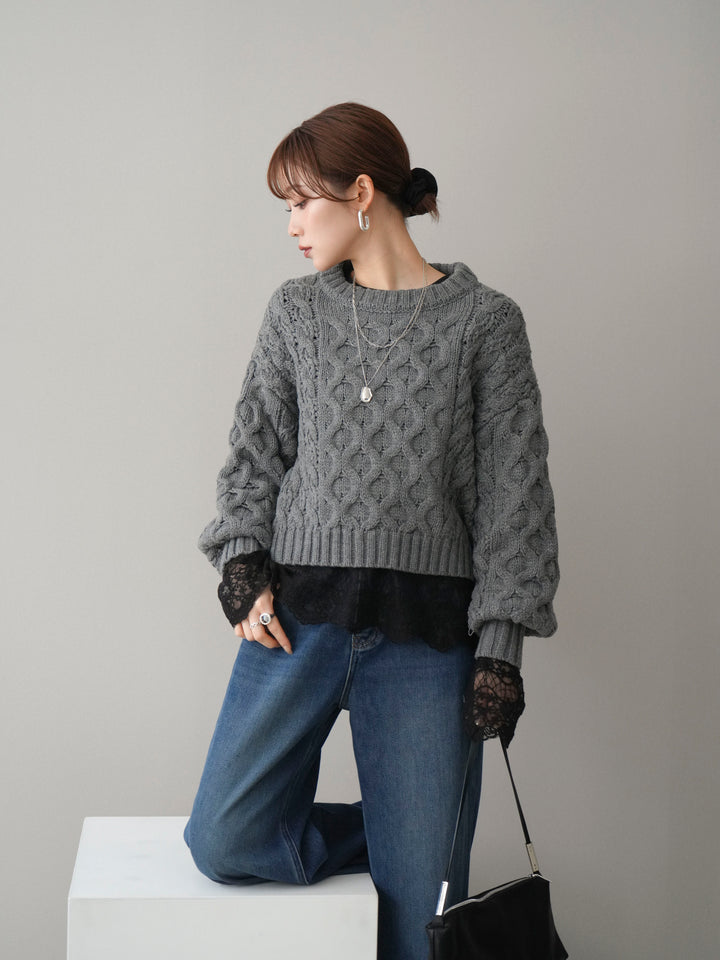 [SET]バルキーケーブルクロップドニットプルオーバー+裏起毛裾フリンジワイドデニムパンツ(2set)