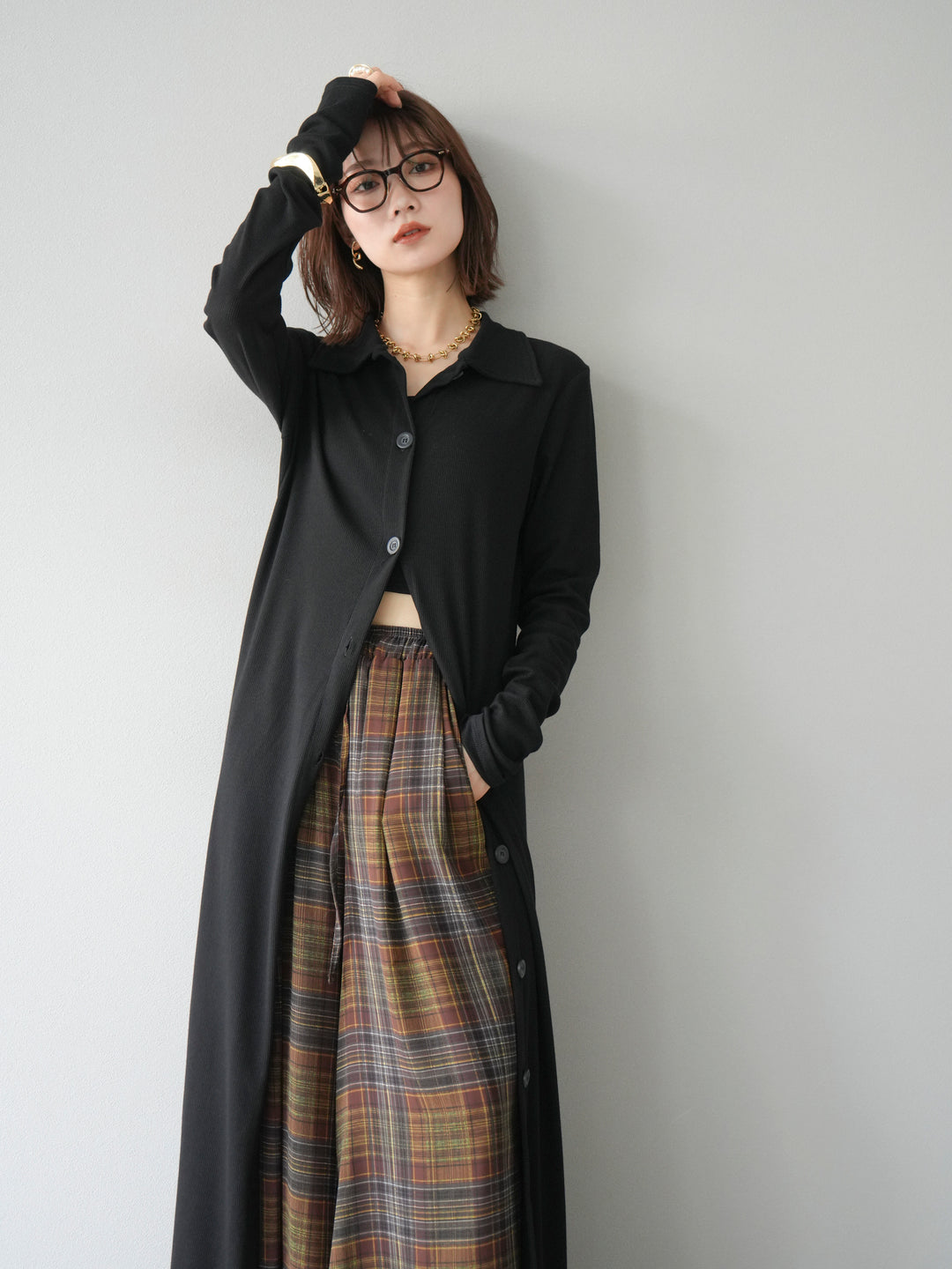 [予約]襟付きカットリブボタンワンピース/ブラック