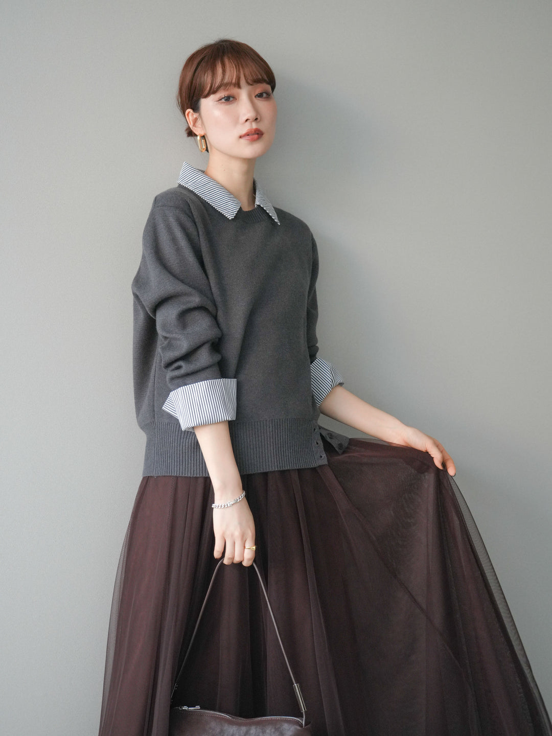 [予約]シャツドッキングデザイン裾ボタンニットプルオーバー/gray