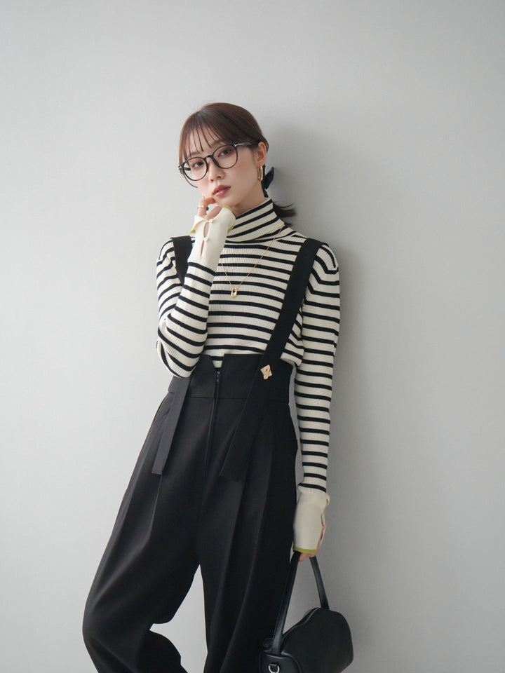 [SET]袖配色ハイネックボーダーリブニットトップス+ゴールドボタンサスペンダーワイドパンツ(2set)