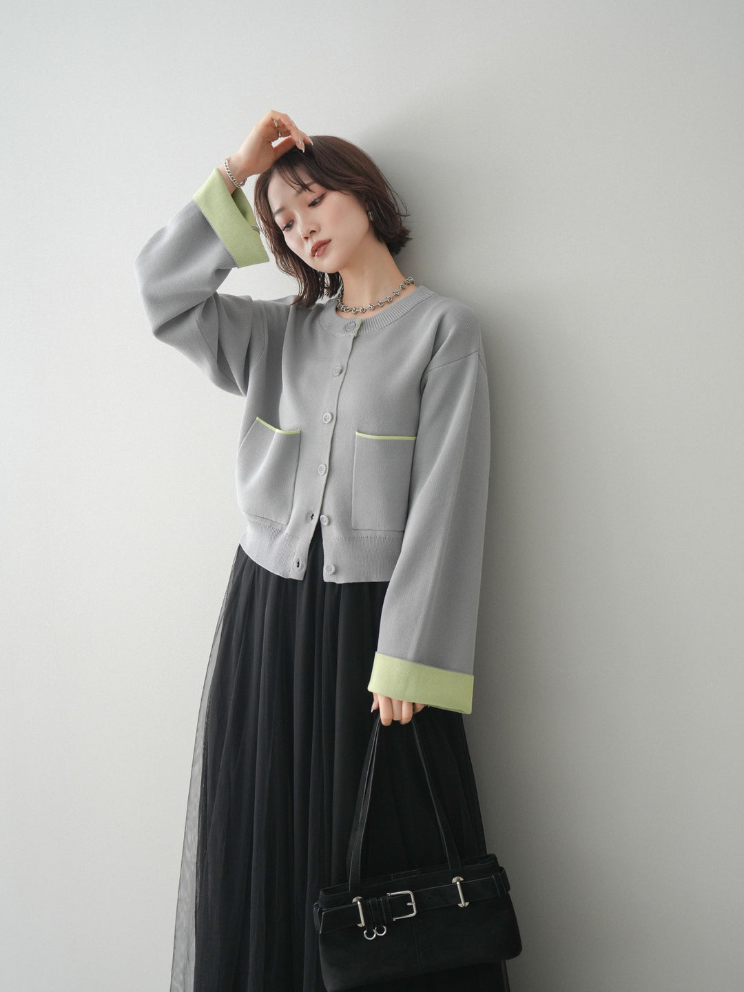 [SET]レーヨンポリダブルフェイスニットカーディガン+チュールボリュームスカート(2set)