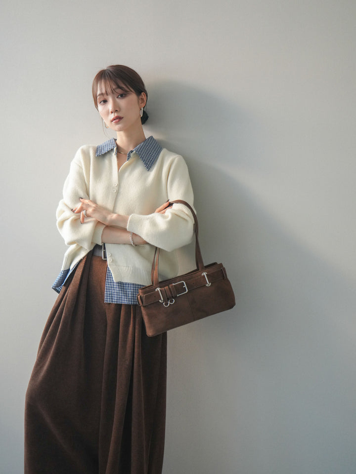 [予約]チェックシャツ襟ニットカーディガン/beige