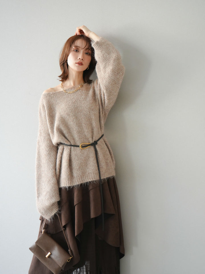 [予約]ネック透かし編みニットプルオーバー/ベージュ