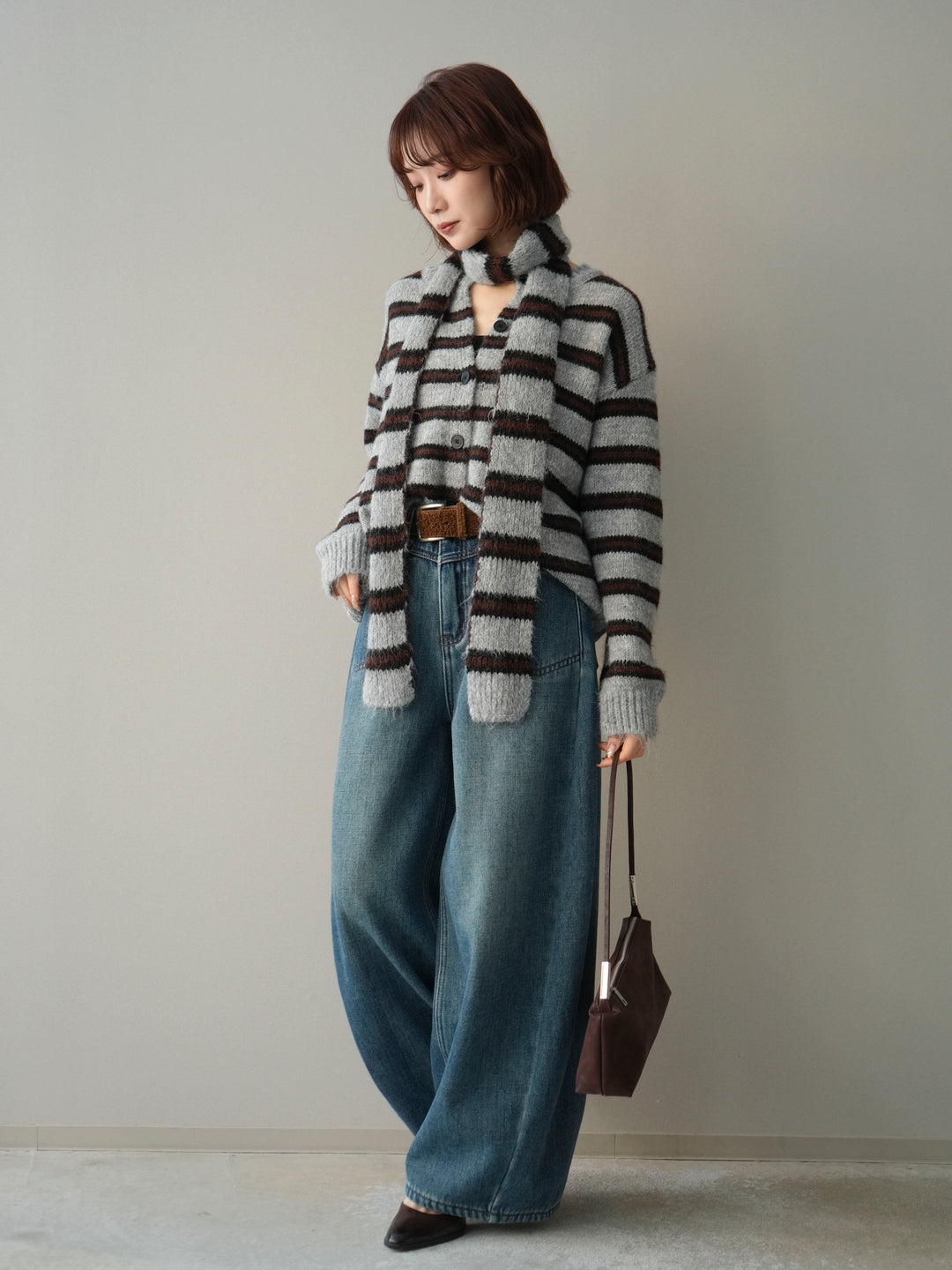 [SET]ボウタイ付きボーダーニットプルオーバー+ベルト付裏起毛カーブデニムパンツ(2set)