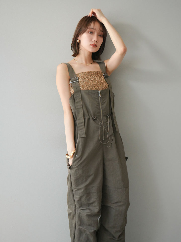 [予約]ナイロンタックデザインサロペット/カーキ